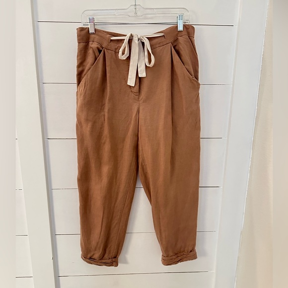 ARITZIA WILFRED 6 Earthy pink linen bland tie waist hidden buttonfly crop jogger - Picture 2 of 14
